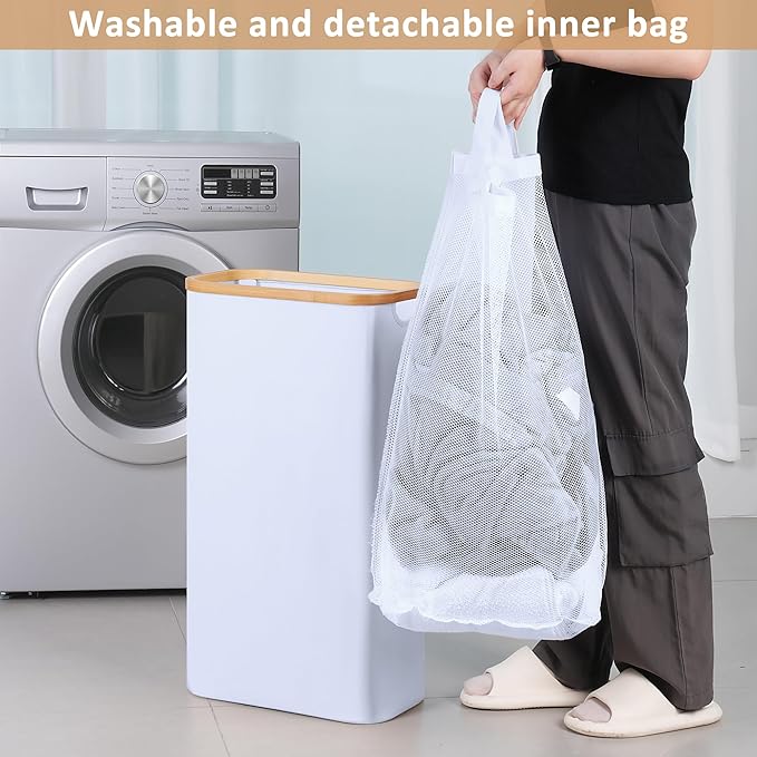 60L Slim Laundry Hamper, Narrow Laundry Basket with Lid,Foldable Clothes Hamper with Bamboo Handles,Hamper Basket with Removable Inner Bag for Laundry Room Bedroom College Dorm,15.85 Gals White