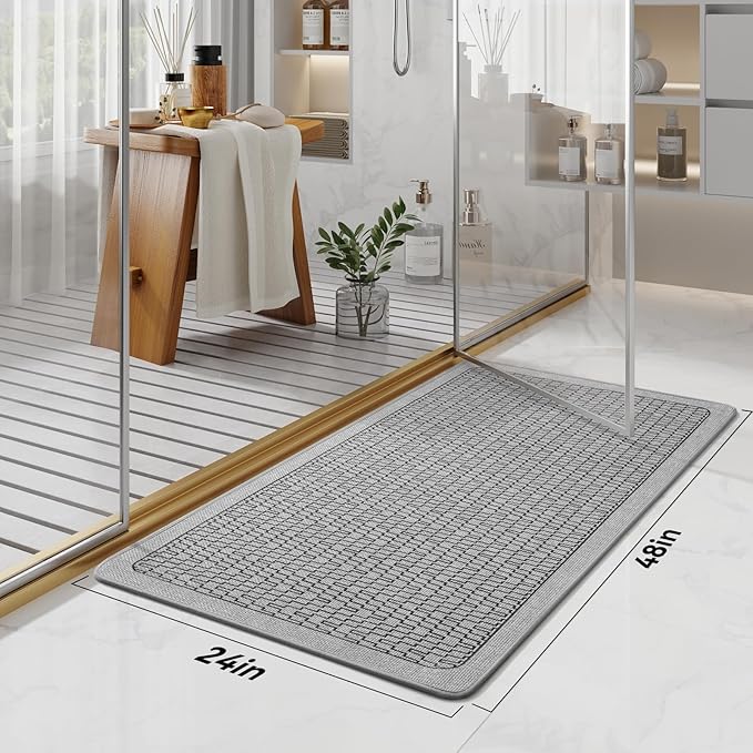 YDKGL Extra Large Bath Mat, Thin Bathroom Runner Rug Bathroom Rugs Non Slip Washable, Rubber Backing Quick Dry for Floor, Tub and Shower, Grey 24x48