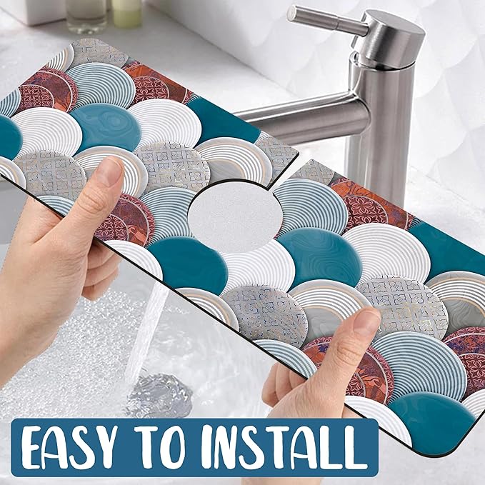 Wall Tiles Texture Sink Splash Guard Ceramic Decor Faucet Absorbing Mat Fast Drying Mat Sink Gadgets Splash Guard Behind Faucet Drip Catcher for Kitchen Bathroom, 15.5"x5.5"