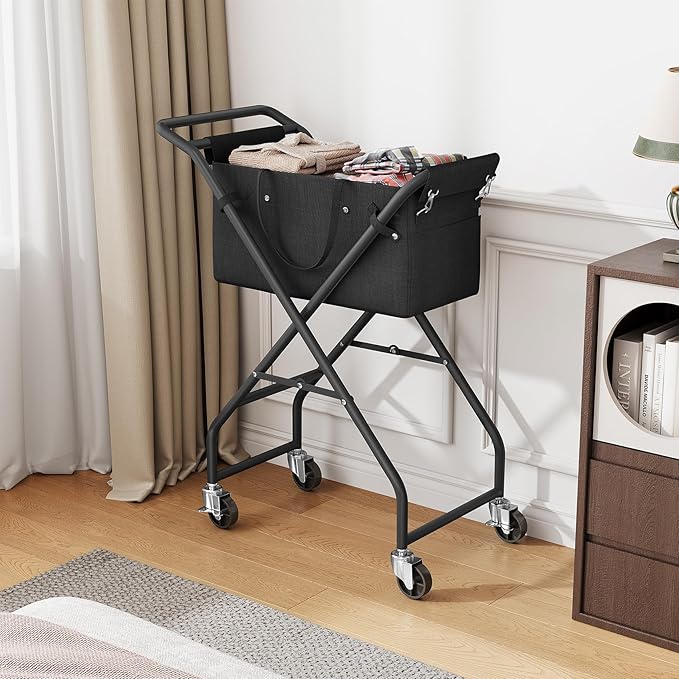 No-Bend Laundry Cart- Rolling Hamper with Locking Wheels & Handle, Foldable Basket Screw-Free Assembly, Durable Metal Frame & Removable Liner Bag for Bedroom & Bathroom (Black)
