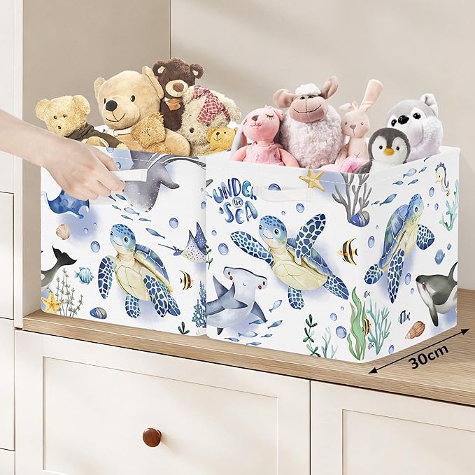 Clastyle 3 pcs Ocean Animals Cube Storage Unit Bin with Metal Frame Foldable Kallax Box for Shelves Parents Closet Organizer Basket for Book Clothes Toy Organizer, Turtle, 11.8x11.8x11.8 in