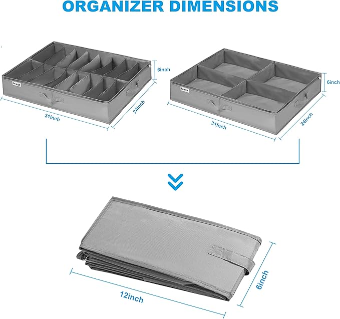 Under Bed Shoe Storage Organizer Set of 2, Fits 16+4 Pairs Boots Total, Underbed Shoe Box Storage Containers w/ Reinforced Handles, Clear Foldable Shoes Organizer Adjustable Dividers w/ Bottom Support