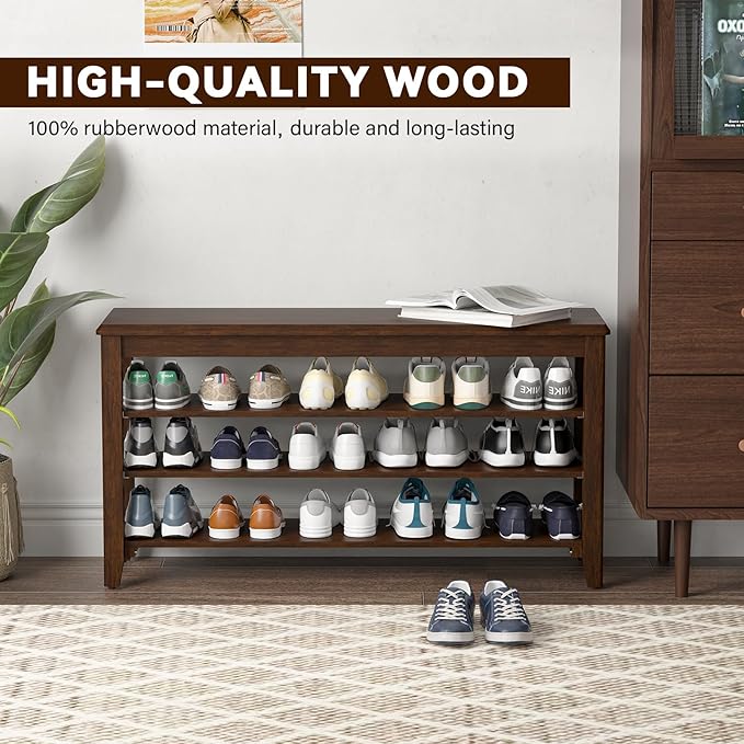 Taitiy Shoe Bench Storage Rubberwood, Entryway Bench with 3-Tiers Height Adjustable, Shoe Rack Front Door Entrance Organizer for Hallway Living Room, Mudrooms, Walnut,31.5"