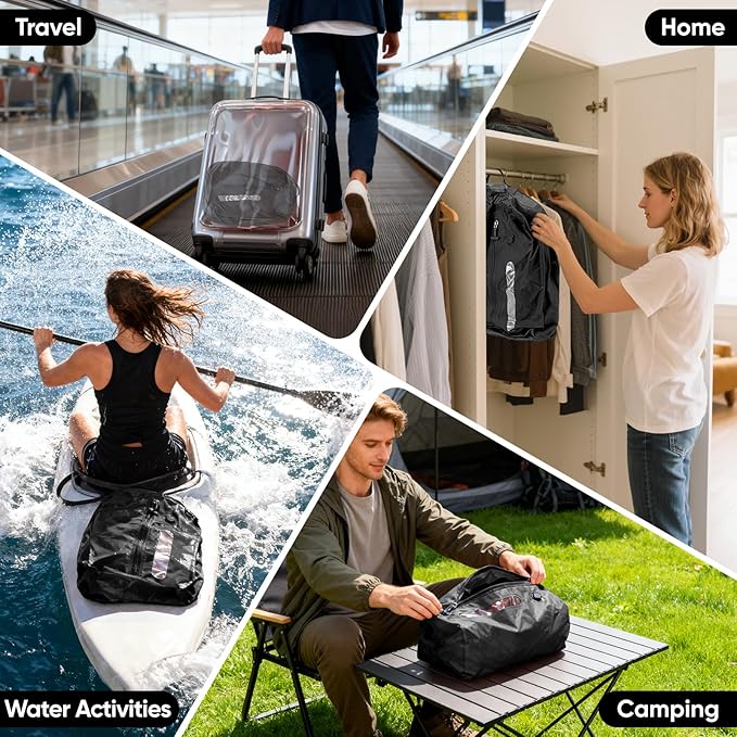Vacuum Bags for Travel with Pump, Vacuum Packing Cubes for Travelers, Vacuum Seal Bags for Clothing, Reusable IP68 Waterproof Airless Travel Bags for Luggage, Suitcase (Black 2PC + Pump)