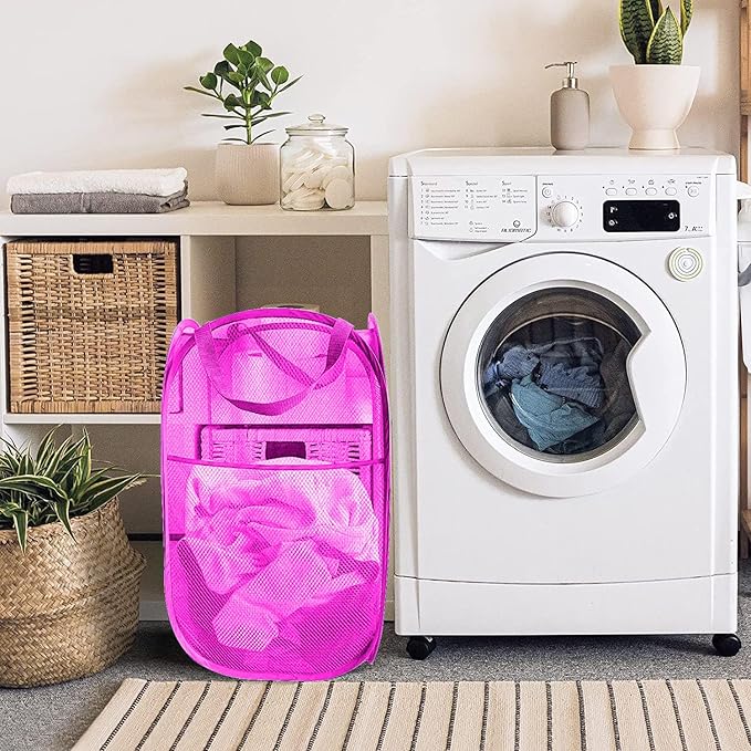 Larpur Popup Laundry Basket, Collapsible Portable Mesh Clothes Washing Laundry Hamper with Reinforced Carry Handles (Pink)