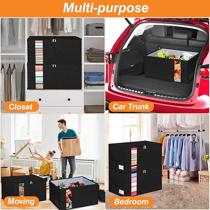boailydi 60L Comforter Storage Bag, Sturdy Construction Blanket Storage Bin w/Durable Handles, Foldable Storage Box w/Dual Zippers for Sheets Quilts Sweaters Bedding Sets Pillows, 2 Pack, Black