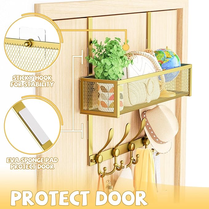 Kaiferty Over The Door Hooks Organizer,Over Door Hanger Towel Rack Mesh Basket with 12 Hooks,Back of Door Storage Organizer for Bedroom,Bathroom,Kitchen,Office(Gold)