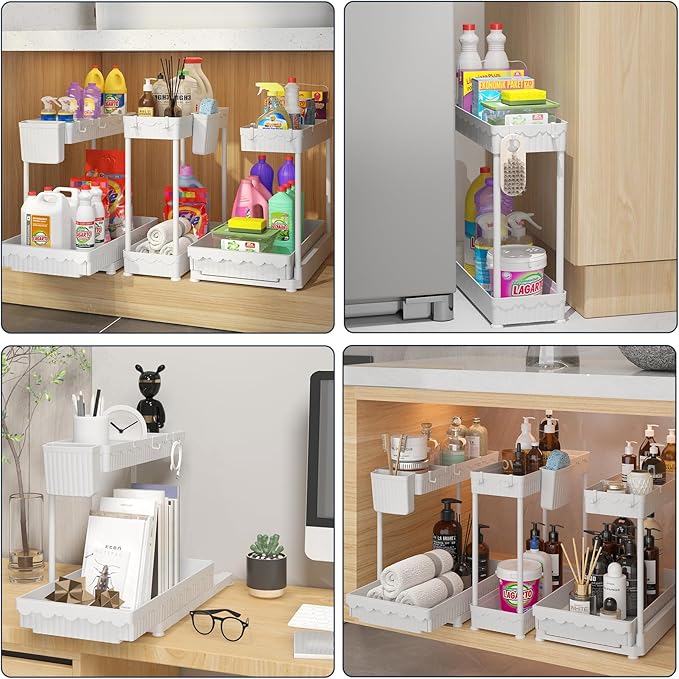 3 Pack Multi-Purpose Under Sink Organizers and Storage, 2026 L-Shaped Pull Out Cabinet Organizer for Bathroom & Kitchen, Under Cabinet Organizer with Hooks Hanging Cup, White, 14.85 inch