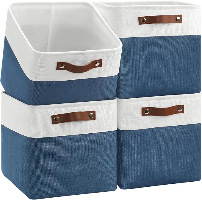 4-Pack Foldable Fabric Storage Cubes 11x11 Inch, Sturdy Cube Organizer Bins with Leather Handles, Storage Baskets for Closet Shelves and Home Organization(White/Blue)