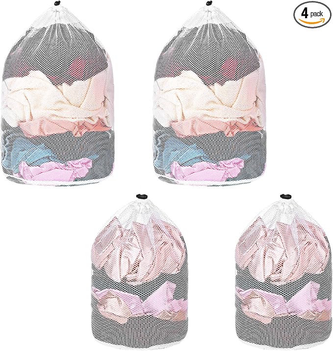 Mesh Laundry Bags, 4 Pcs Heavy Duty Laundry Washing Bags for Dirty Clothes Net Bag with Drawstring Garment Bag for Washing Machine for College Dorm, Apartment, Laundromats, Travel, White