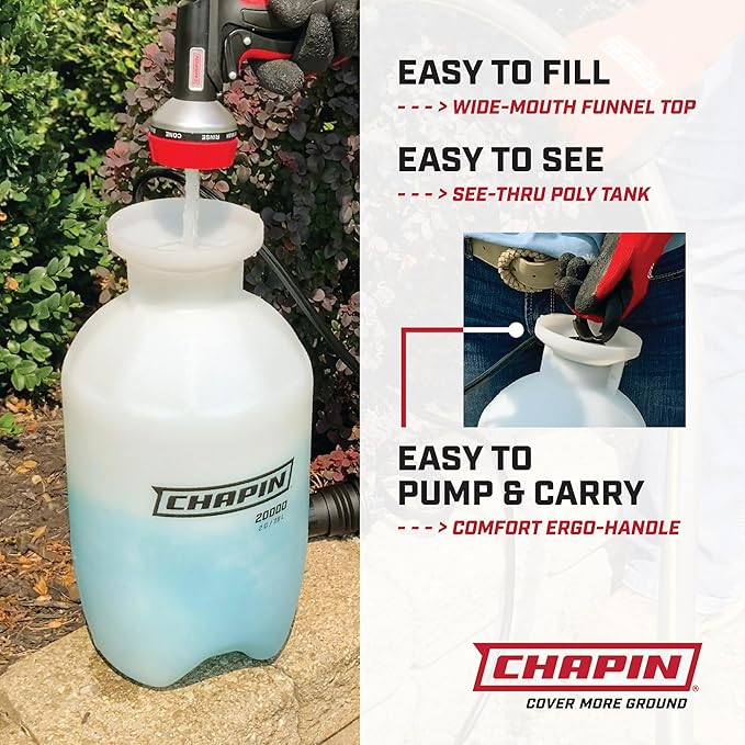 Chapin 20024 Pump Sprayer, 2‑Gallon, Lawn & Garden, Translucent Poly Tank, Funnel‑Top, SureSpray Anti‑Clog Filter, Adjustable Cone Nozzle & 34" Hose for Fertilizer, Weed & Pest Application, Pack of 2