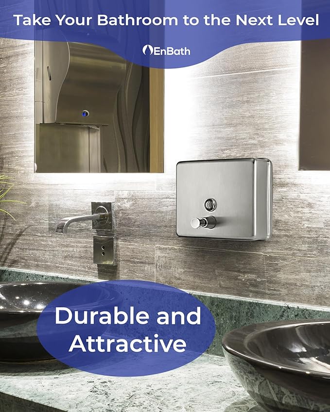 Commercial Soap Dispenser Wall Mount - Extra Large 46 oz. Capacity, Industrial Grade, Stainless Steel Bathroom Hand Soap Dispenser with Corrosion Proof Lining and Anti-Leak Pump by EnBath