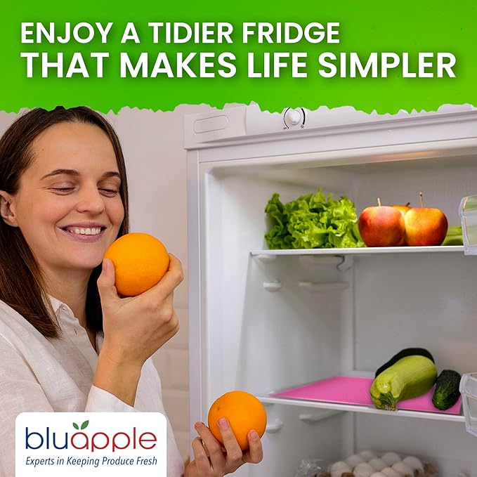 Bluapple FreshMats, Refrigerator Bin Liner, Fridge Drawer Mats, Crisper Life Extender Liner Keeps Produce Fresh Longer, Anti-Bruising, Helps Air Circulation, Washable & Reusable (4-Mats, 12x15, Pink)