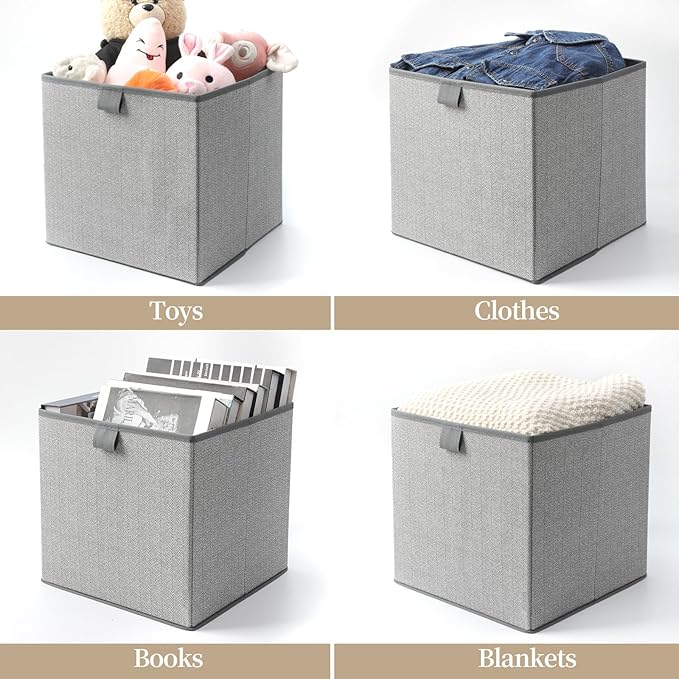 Storage Baskets, 11.8-Inch Woven Fabric Bins, Storage Cubes with Reinforced Handles, Organizer Bins for Closet Shelves, Foldable, for Toys, Clothes (4PCS/Grey-11.8*11.8*11.8inch)