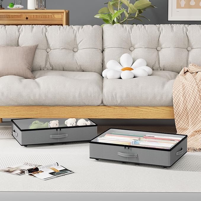 EE-RoomWorld Under Bed Storage with Wheels, No Assemble Required 5.5 inches height grey under bed storage bins,Low Profile Rolling Underbed Shoe Storage containers，dorm underbed storage drawers