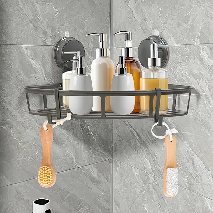 Corner Shower Caddy Shelves - Suction Cup Shower Organizer Shelf with 2 Hooks, No Drilling Rustproof Bathroom Caddies Storage, Adhesive Stainless Steel Wall Hanging Rack for Toilet Kitchen