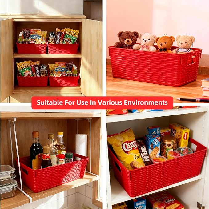 12-Pack Plastic Storage Baskets, Stackable & Nestable Organizer Bins for Toys, Clothes, Home (Red - Rectangular)