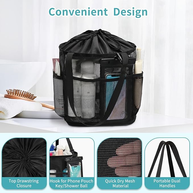 Hanging Shower Caddy, Mesh Shower Caddy Portable with Waterproof Phone Pouch for College Dorm Room Essentials, Large Capacity Shower Bag Basket with 7Pockets for Bathroom, Gym, Camping, Swiming, Beach