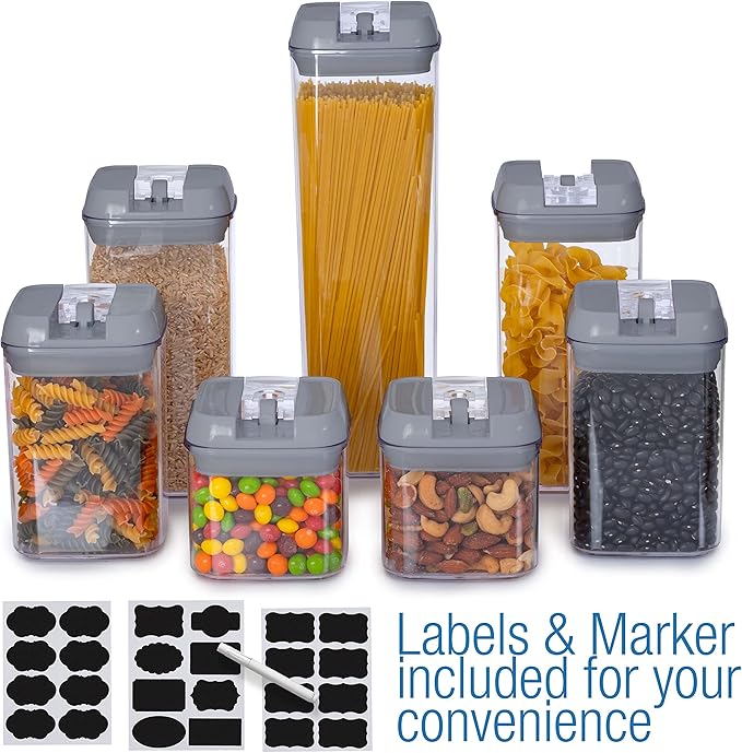 Set of 7 Airtight Food Storage Containers - Pantry Organizer Bins, BPA Free Plastic Containers plus Dry Erase Marker and Labels, Gray