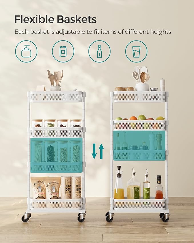 SONGMICS Slim Storage Cart, 4-Tier Metal Rolling Cart with Wheels, Flexible Baskets, Narrow Cart for Kitchen, Bathroom, Laundry Room, Easy Assembly, White UBSC065W01