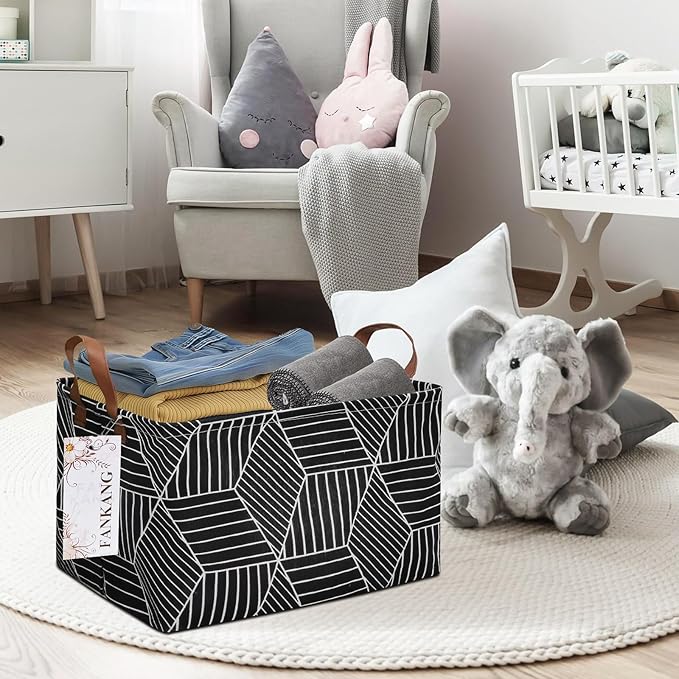 FANKANG Storage Basket,Nursery Hamper Canvas Laundry Basket Foldable with Waterproof PE Coating Storage, Office, Bedroom, Clothes,Toys (Rec-Black Cube)