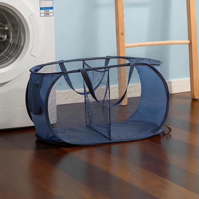 LINLOOM Foldable 2-Section Laundry Hamper Basket with Handles, 2-Pack Storage Organizer for Home, Breathable Mesh Divider Sorter for Whites & Colors, Collapsible Clothes Bin, Navy Blue