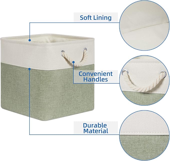 Temary Cube for Shelves 11 Inch Bin 4Pack Fabric Storage Baskets for Organizing Toys, Clothes, Decorative Baskets with Rope Handles (White&Green)