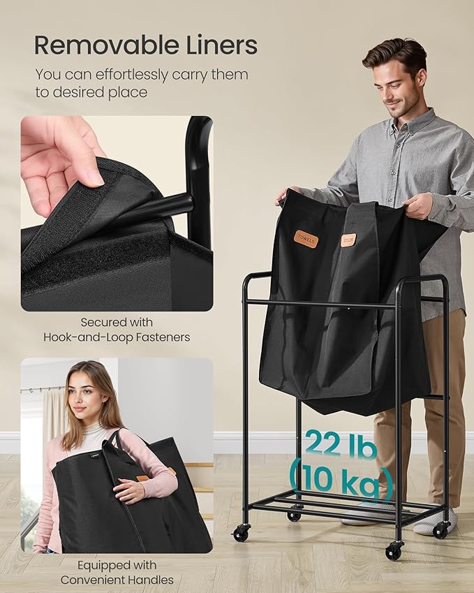 SONGMICS 2-Section Laundry Sorter, Laundry Hamper with Wheels, Rolling Clothes Hamper Cart with Large Capacity and Removable Bags, for Laundry Room, Bedroom, Bathroom, Ink Black URLS210B01