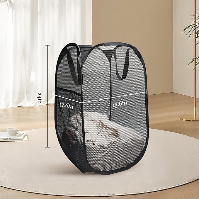 The upgraded pop-up laundry basket features a breathable side pocket mesh design, making it ideal for rooms, apartments, dormitories, travel, business trips, and children's storage(2, Black)
