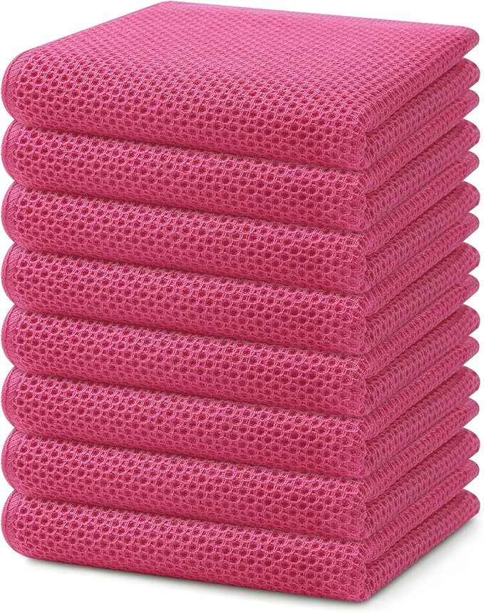 Homaxy 100% Cotton Waffle Weave Kitchen Dish Towels, Ultra Soft Absorbent Quick Drying Cleaning Towel, 13 x 28 Inches, 8-Pack, Hot Pink