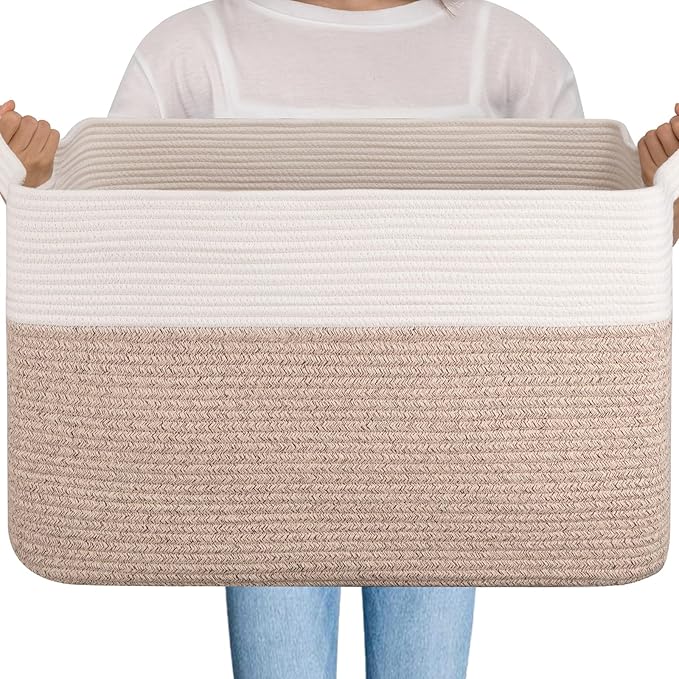 OIAHOMY Extra Large Blanket Basket, 95L Woven Storage Basket, Cotton Rope Toy Bin for Baby Room, Container for Storage in Living Room, 24''×17''×14'', Brown & White