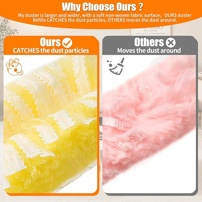 60 Count 360° Heavy Duty Duster Refills Compatible with Swiffer, Large Size-Extra Thick Disposable Electrostatic Feather Duster Refill with 1 Short Handle for Furniture, Blinds, Ceiling Fans
