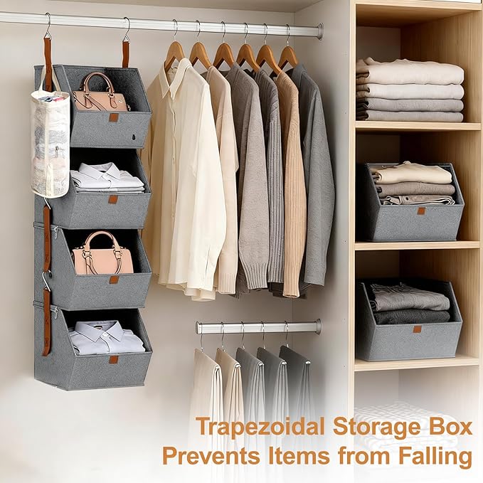 4 Tier Hanging Closet Organizer with Socks Storage Mesh Bag - Space Saving Storage Shelves for Closet, Wardrobe, Fabric Storage Bins for Dorm Rooms, Bedroom (Grey)
