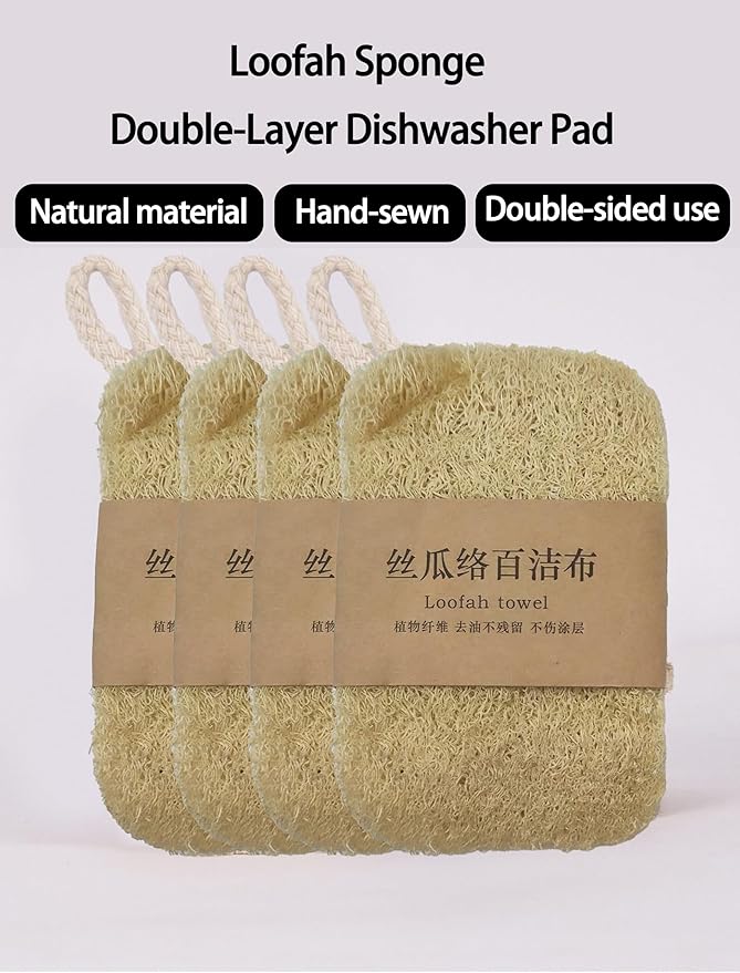 Eco-Friendly Natural Loofah Dish Scrubbers, Biodegradable & Zero Waste Kitchen Sponge, Reusable Non-Scratch Loofah for Kitchen, Bathroom & Household Cleaning, Unbleached Plant-Based Scrubber, 4-Pack