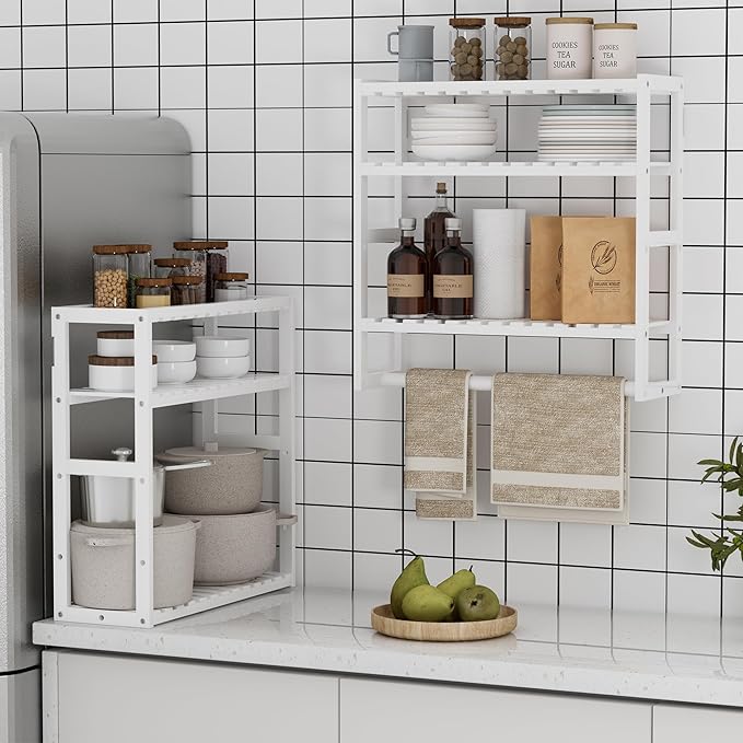 Towel Rack Bathroom Storage Shelves Over The Toilet with Towel Bar 100% Bamboo Adjustable Height Floating Shelf Wall Shower Shelf for Small Space Bathroom Kitchen Multi Usage White New 2Pack