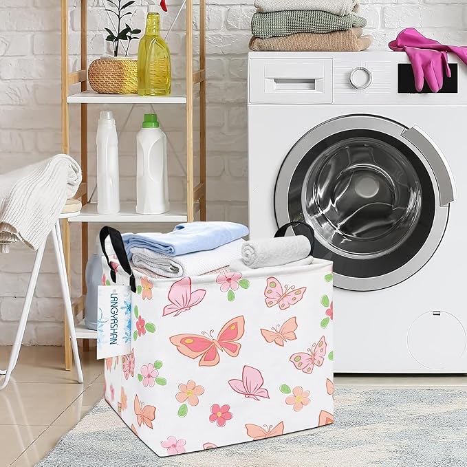 LANGYASHAN Square Storage Baskets Waterproof Canvas Children Laundry Nursery Hamper for Shelves Gift Baskets Toy Organizer Room Decor (Square Pink Butterfly)