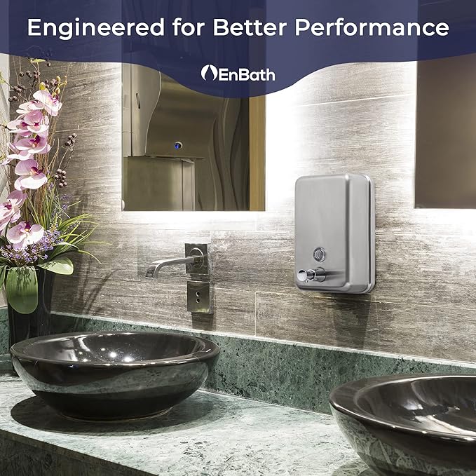 Commercial Soap Dispenser Wall Mount - Stainless Steel Wall Mounted Soap Dispenser for Bathroom - New Superior Design with Premium Anti-Leak Pump and Corrosion-Proof Lining - 37oz (1100ml) by EnBath
