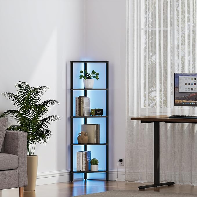 TUTOTAK Corner Shelf with LED Light, 5-Tier Corner Bookshelf for Small Space, Narrow Display Corner Shelf Stand with Storage Rack, for Living Room, Bedroom, Black BS05BK005L