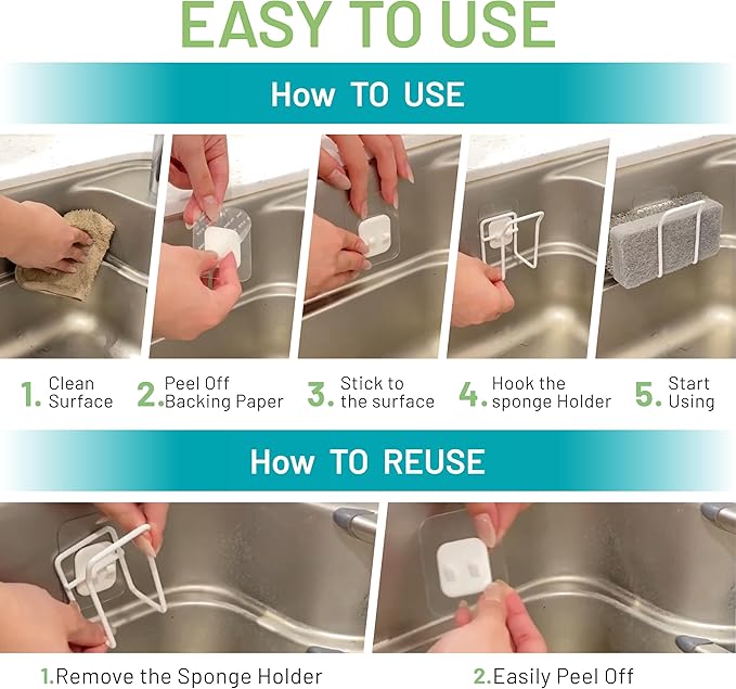 Hook LAB Reusable Sponge Holder for Kitchen Sink & Bathroom Organizer, Mountable Rack for Sponges, Scrubbers, Soaps and Brushes - White