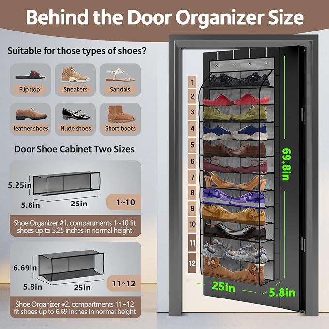 PAULONE 12 Pocket Over the Door Shoe Organizer,Reusable Breathable Large Mesh Bag Men's & Women's Sneaker Organizer,Shoe Organizer for Kids,Hanging Shoe Storage Hanging Bag (Gray)