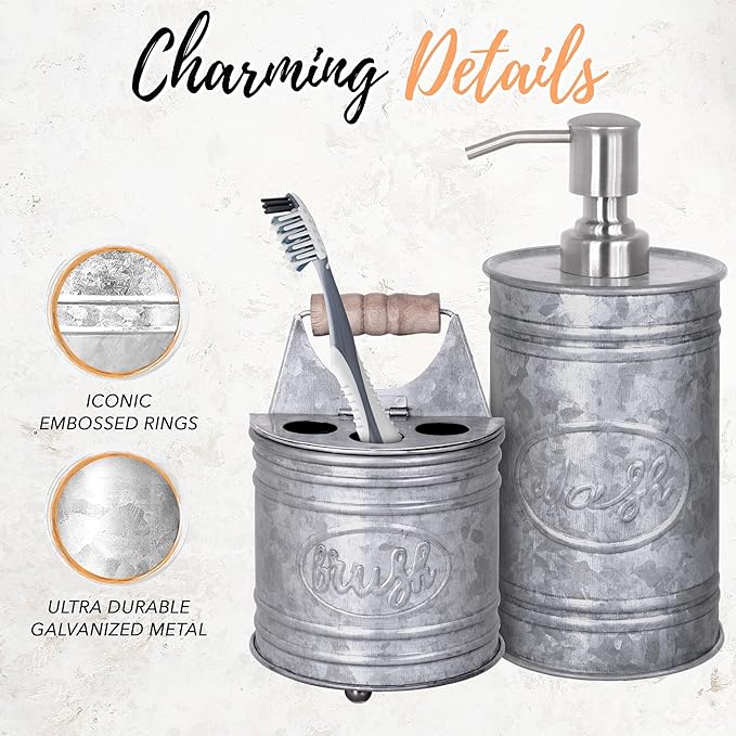 Autumn Alley Rustic Bathroom Accessories Set - Farmhouse Bathroom Soap Dispenser and Toothbrush Holder Set - Western Bathroom Accessories, Farmhouse Decor for Bathroom Countertop, Galvanized Grey