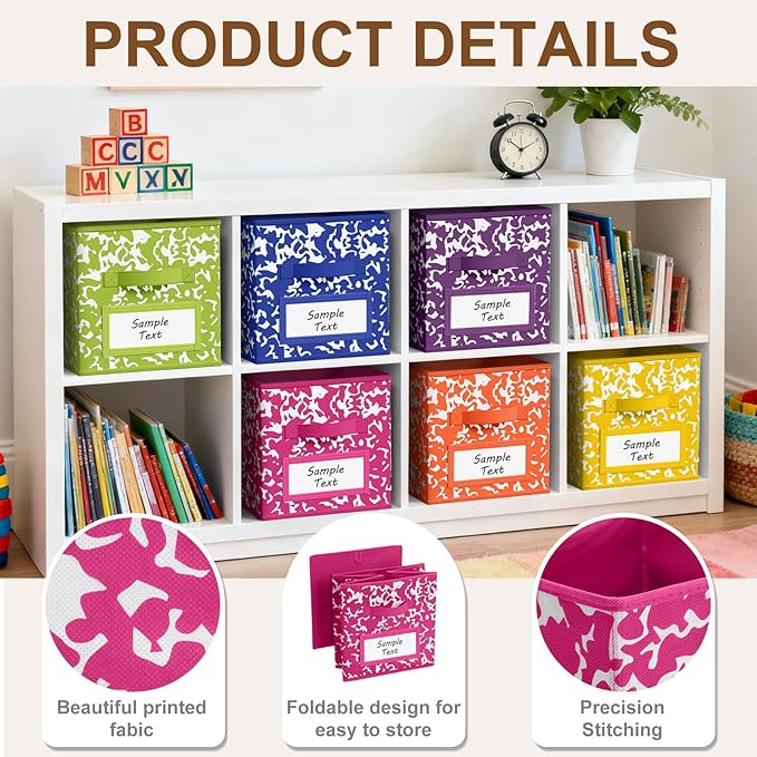 LemonRoad 6 Fabric Storage Cube 11 Inch Foldable Marble Storage Bin with Label for Organizing Pantry, Toy Box, Clothes Closet Collapsible Basket for School Organizing with Handle(Rainbow, Label Style)