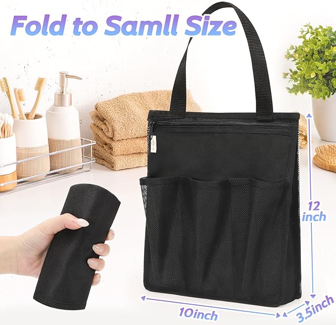 famichan Portable Shower Caddy, Gym Travel Camp Dorm Room Essentials for College Student Boy Girl，Black Bathroom Mesh Shower Bag