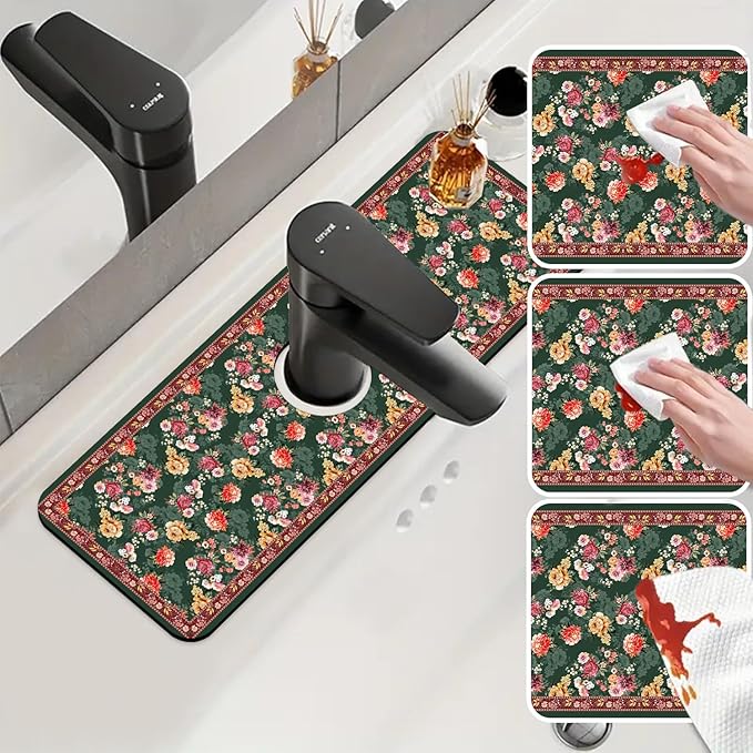 Sink Faucet Absorbing Mat Colorful Flowers Sink Splash Guard Drying Mat for Kitchen Bathroom Faucet Sinkmat 15.5"X5.5"