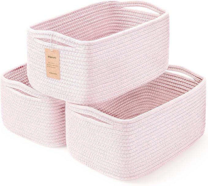 Shelf Baskets for Organizing | Storage Basket for Shelves | Small Woven Baskets | Rope Toy Basket | Closet Organizer Bins | Cube Decorative Box | 11.8×7.8×5.1” | 3 Pcs Mixed Pink