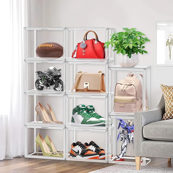 12 Pack Purse Organizer for Closet Size 14 Shoe Storage Box Stackable Acrylic Display Case Handbag Organizer with Magnetic Lid Transparent Storage Container for Sneaker, Boots, Hat, Book, Collectibles