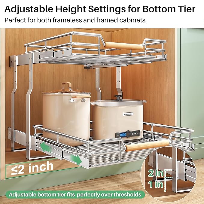 Pull out Cabinet Organizer, 2 Tiers 23"W X 21"D, Heavy Duty Smooth Sliding Under Cabinet Shelves for Pots and Pans, Full-Extension Roll out Drawers, Slide out Organization for Home Kitchen Pantry