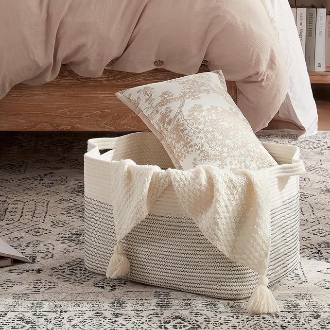 OIAHOMY Large Storage Basket, Cotton Rope Woven Blanket Basket, Toy Bin for Baby Room, Container for Blanket Storage in Living Room, 20''×16''×12'', Black & White