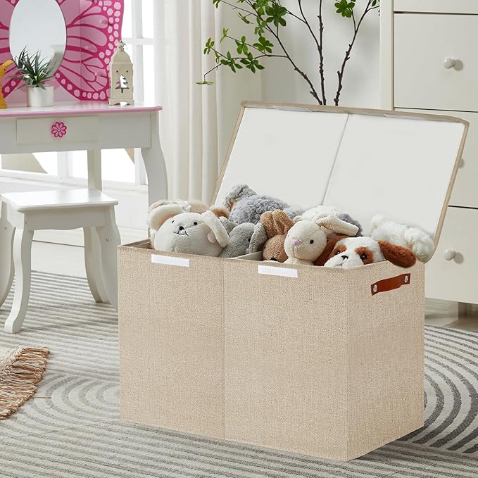 Large Toy Storage Box with Lids, Collapsible Sturdy Baby Storage Organizer Chest Bin Basket for Kids, Boys, Girls, Playroom, Nursery, Bedroom, Closet 25"x13"x16" (Khaki)