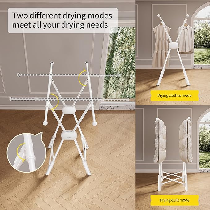BIREN Clothes Drying Rack Heavy Duty Clothing Racks Foldable Laundry Rack Two Drying Modes Garment Racks for Drying Clothes, Adjustable Length from 32-55 Inches for Indoor Outdoor Use